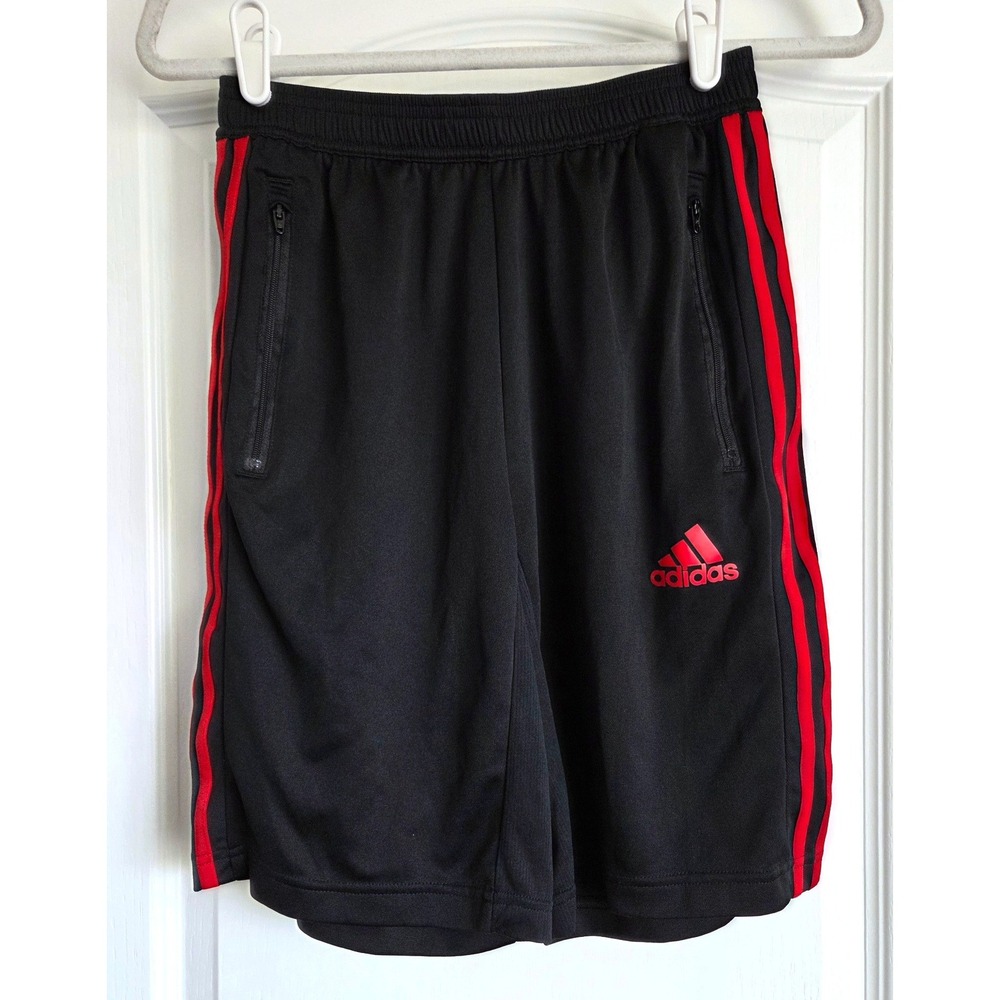 Adidas Primeblue Aeroready Black Red 3-Stripe Zip Pocket Athletic Shorts Sz S